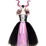 WINBST Maleficent - Costume da bambina per bambini, vestito e copricapo maleficente, fata scura, regina matrigna, Halloween malefica, fiaba tema, ...