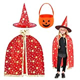 Wishstar Costume da Mago di Halloween per Bambini, Mantello da Strega Mantello da Stella con Cappello, Sacchetto di Caramelle Zucca, ...