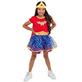 Wonder Woman Vestito Abito Costume Bambina con Tiara Dorata e Mantello, Rosso (7/8)