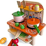 Wooden Kitchen Set - portable, 11-piece set includes utensils, pans with lids, clock and condiments set by BeeSmart