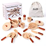 Wooden Play Kitchen Accessories, set da 16 pezzi in legno, accessori da cucina per bambini con padella, pentole, piatti, borsa ...