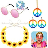 XCOZU Accessori Hippie, Hippie Set Includere 1 Pieces Daisy Sunflower Hairbands, 1 Pieces Rosa Occhiali Hippie, 1 Pieces Collana Simbolo ...