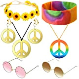 YeahBoom Hippie Costume Set,Collana e Orecchini con Segno di Pace, Occhiali da Sole, Girasoli e Fascia Colorata Hippie,Stile Vintage Anni ...