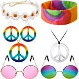 YeahBoom Hippie Costume Set,Collana e Orecchini con Segno di Pace, Occhiali da Sole, Girasoli e Fascia Colorata Hippie,Stile Vintage Anni ...